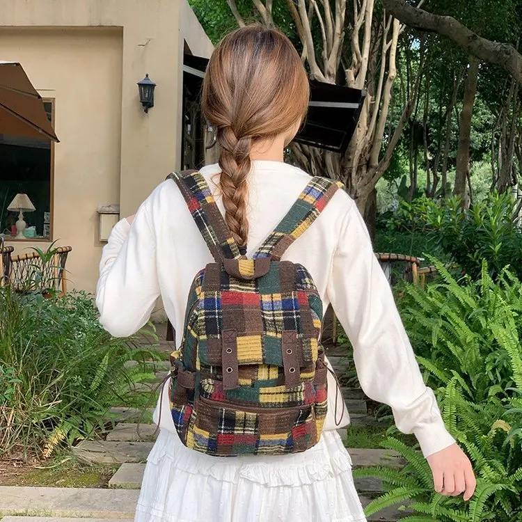 Women's Vintage Plaid Wool Backpack, Mini Colorful Checkered Rucksack, Casual Lightweight Daypack for Students