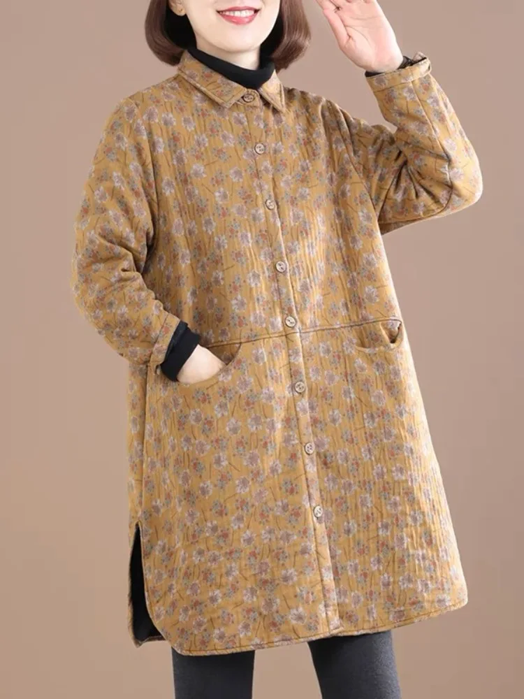 Retro Floral Print Thickened Cotton Shirt Women's Winter Coat Midi Length Linen Blend Fleece Lined Vintage Style Outerwear