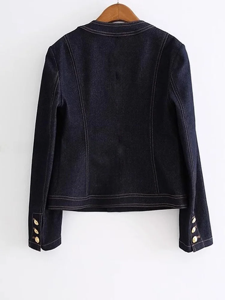 Women's Short Denim Jacket round Neck Button Placket Color Block Pockets Normal Sleeve Long Sleeve High Waist Line Spring Autumn
