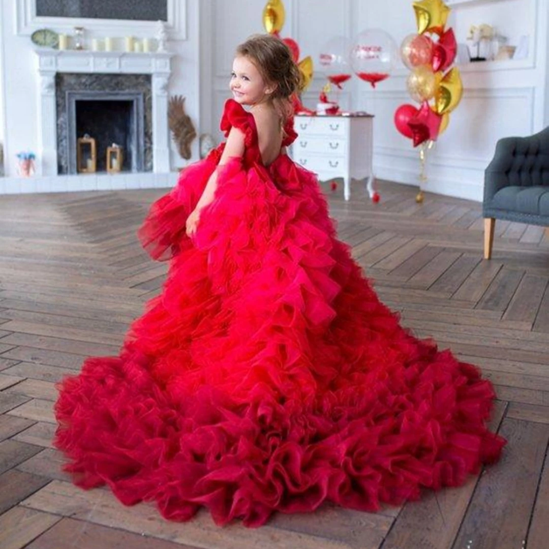 Vestido de florista em camadas inchado com aplique, O-pescoço, vestidos de princesa para casamento, festa infantil, aniversário, vestido de baile, vermelho, 2024