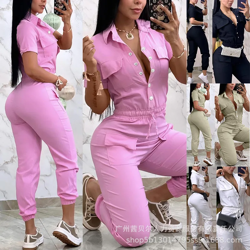 Casual Multi-pocket Waist Elastic Work Clothes Jumpsuit for Women