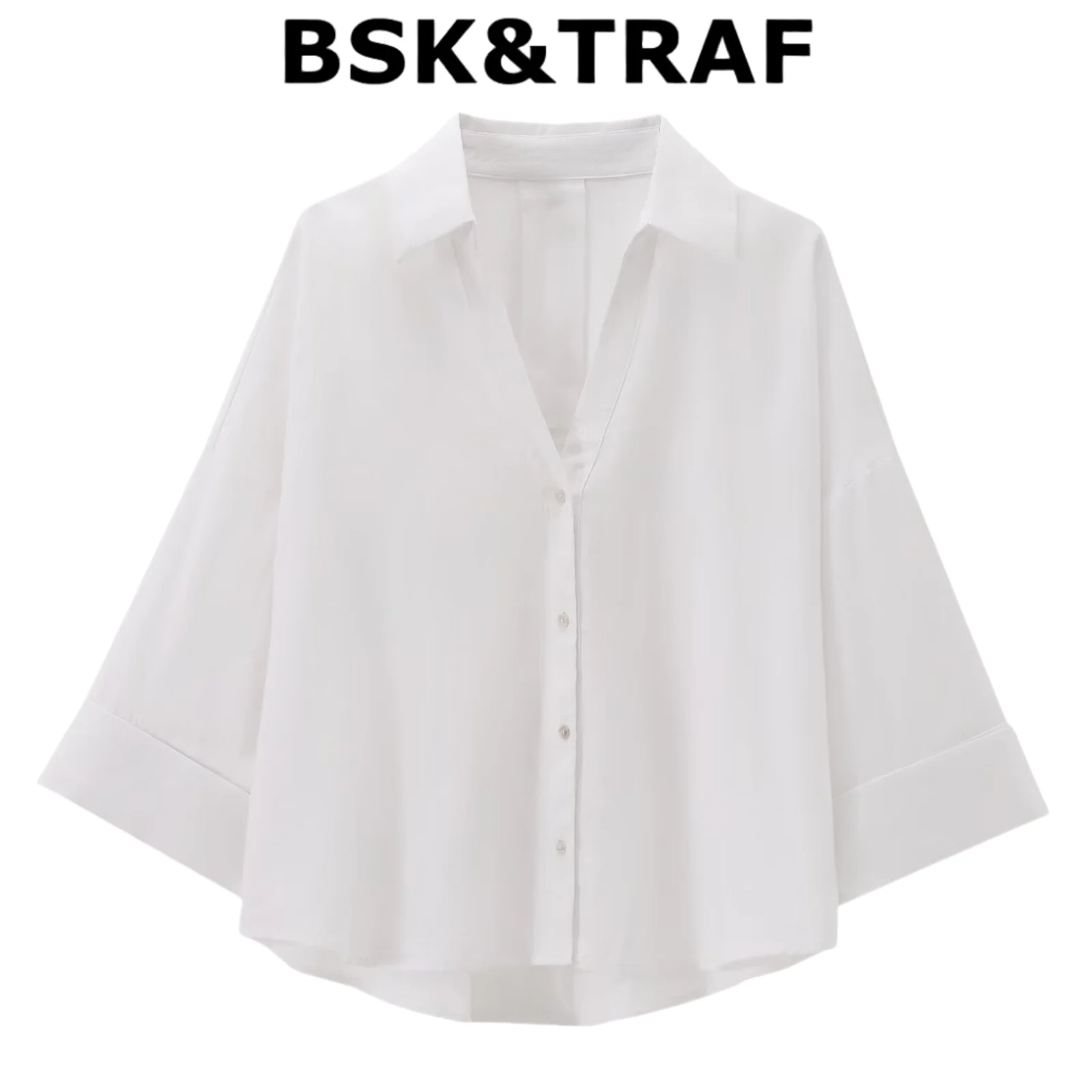 

BSK & TRAF 2024, новая летняя женская мода во французском стиле, утягивающая свободная модная женская универсальная рубашка с широким рукавом и v-образным вырезом