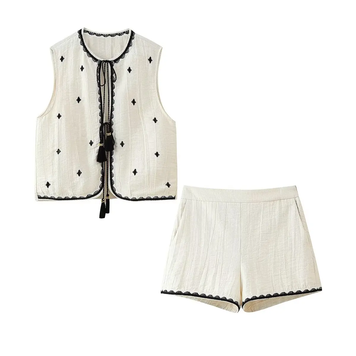 MYST & ZA2025, novedad de verano, ropa para mujer, chaleco sin mangas con cuello redondo bordado, Top + conjunto de pantalones cortos de cintura media
