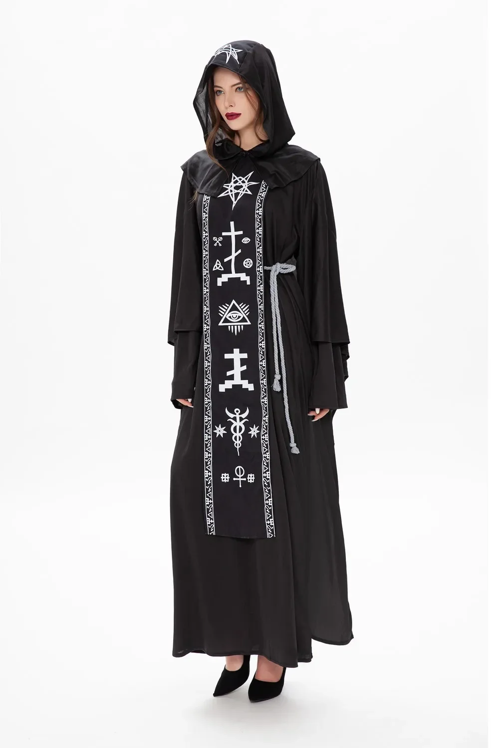 Disfraz de mago Medieval para adultos, traje de Cosplay con capucha negra, bruja aterradora, diablo, juego de rol para fiesta de Halloween