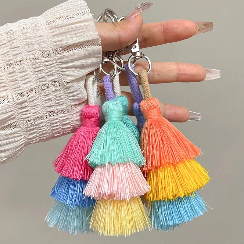 2024 Handmade Cotton Tassel Keychain Bohemian Colorful Multi-layer Cotton Thread Tassel Bag Accessory Boho Tassel Keychain