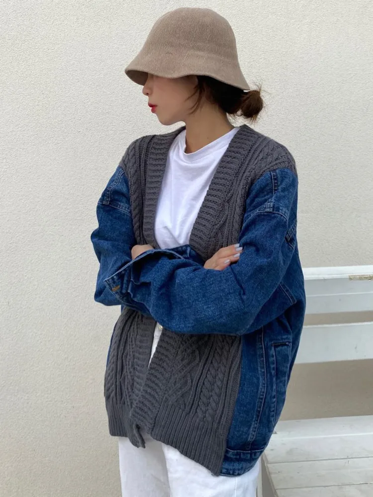 2023 Autumn Sweater Splicing Denim Jacket Women Long Sleeve Short Knitted Cardigan Fashion Trend Ladies Clothing