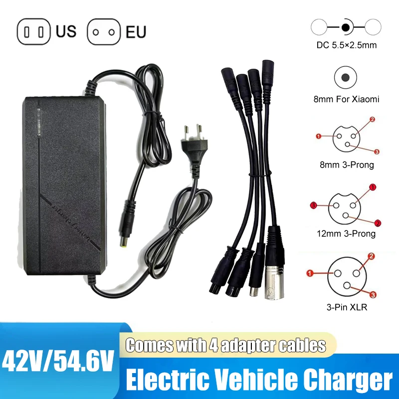 42V 54.6V 2A Lithium Battery Charger for 36V 48V Electric Vehicle with 4 Adapter Cables XLR 8mm Aviation Connector For Xiaomi