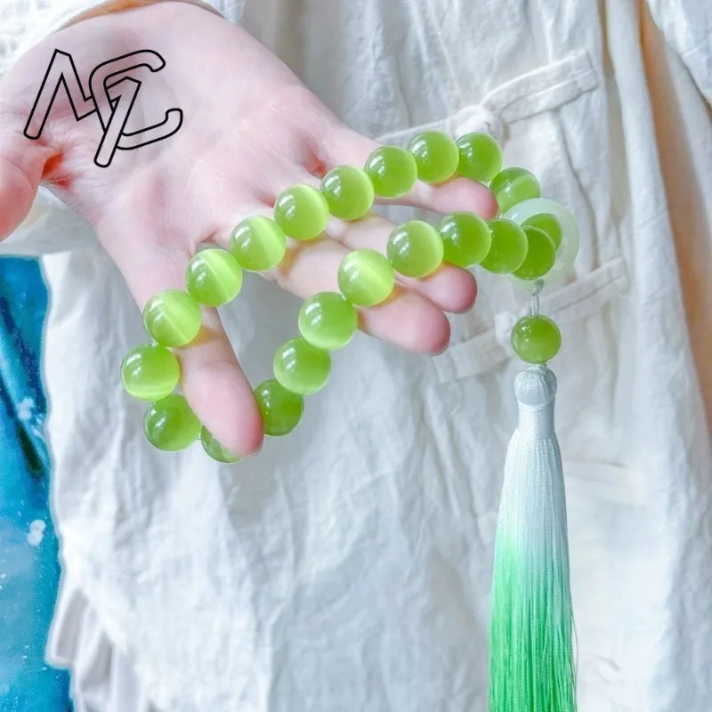 Cat's Eye Stone 12mm Beads Hand-held Tassel Bracelet Necklace Tibetan Buddhist Mala Buddha Charm Yoga Woman Jewelry Customized