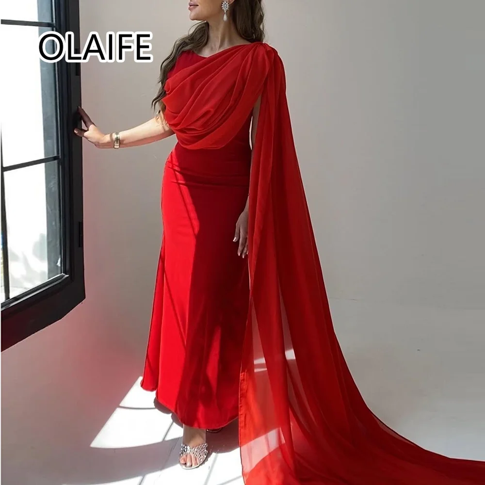 

Customized Simple One Shoulder Satin Ankle-Length Prom Bridesmaid Dress Sexy Sheath Sweep Court Evening Arab Gown with Cape