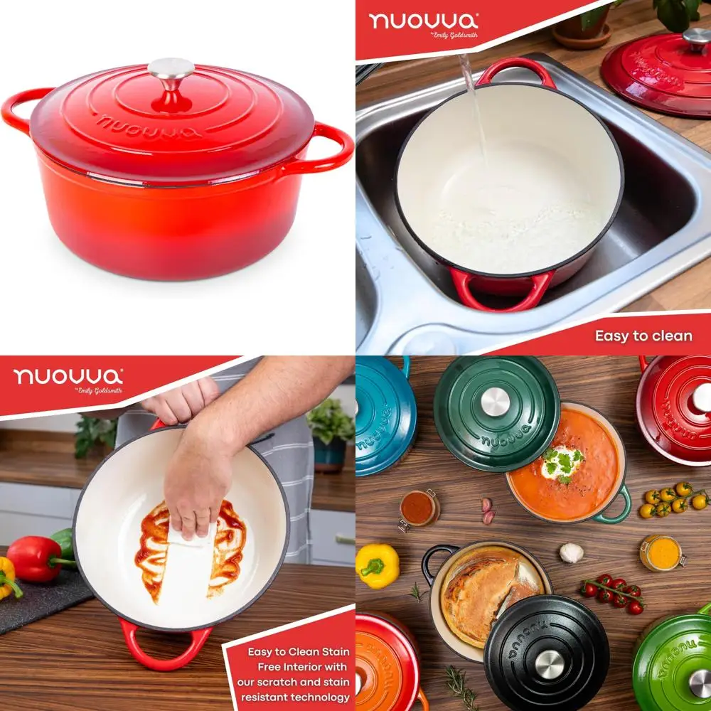 

Эмалированная чугунная голландская духовка — кастрюля с антипригарным покрытием, безопасная в духовке, посуда на 7,3 литра — 30 см — красная, идеально подходит для выпечки и тушения