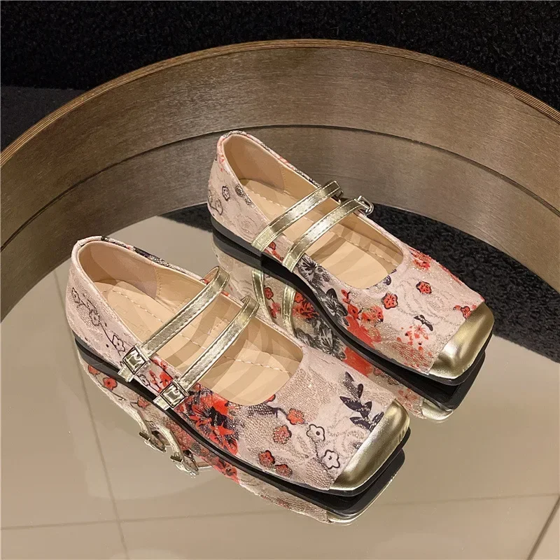 แฟชั่นผู้หญิงรองเท้าแบนสแควร์ Toe พิมพ์รองเท้าสุภาพสตรี Breathable SLIP-ON กลางแจ้ง Soft Mary Jane รองเท้า 2025