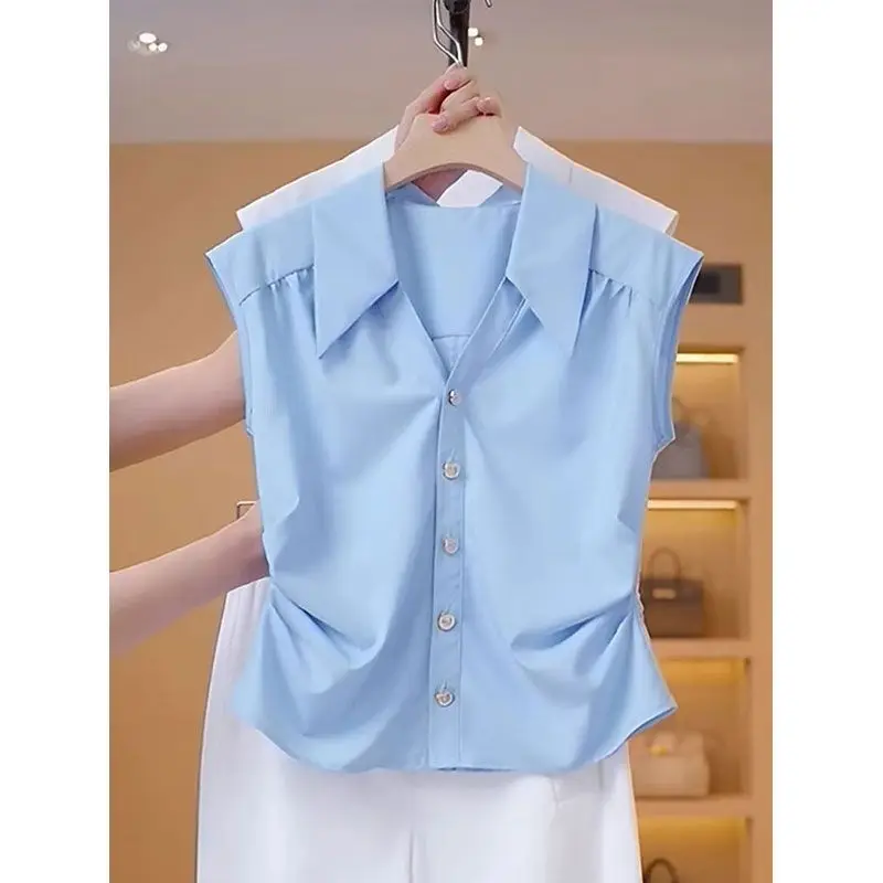 

Sleeveless Office Lady Pleated Shirt Tops Summer New Thin Polo Neck Solid Simplicity Korean Blouse Fashion Casual Women Clothing
