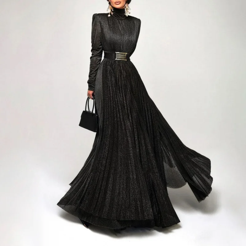 

Luxurious Elegant European and American Style Mature Women's Gold Stamping style stand collar long sleeve padded shoulder dress