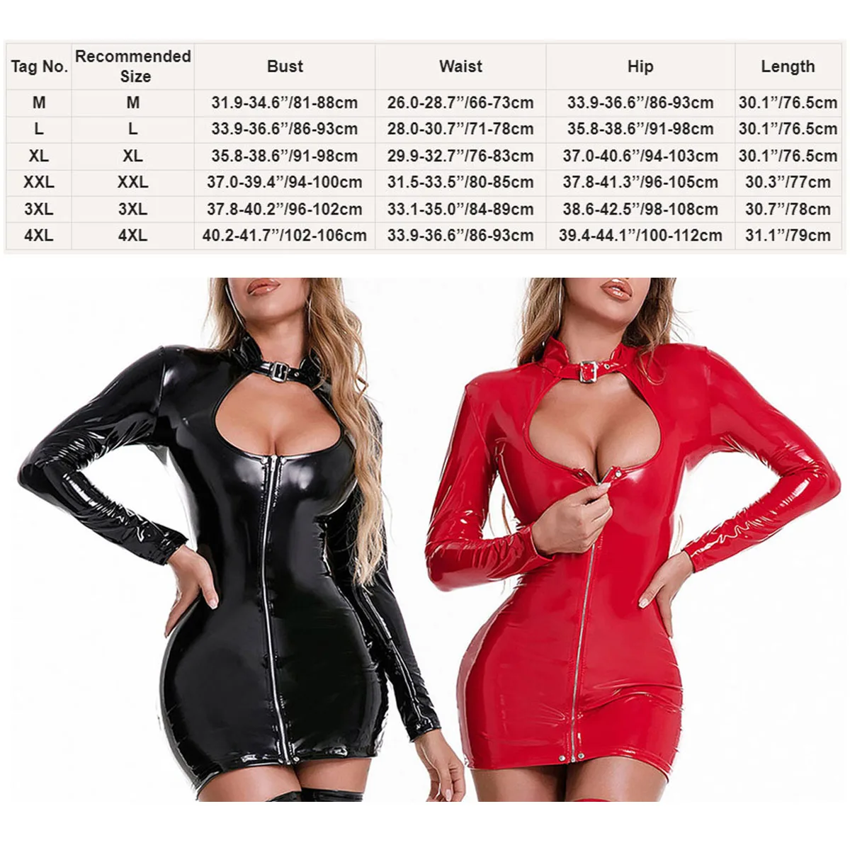 Abito da donna in pelle verniciata Wetlook nero/rosso con cerniera in lattice aderente Mini abito scava fuori Pole Dance Raves Party Clubwear