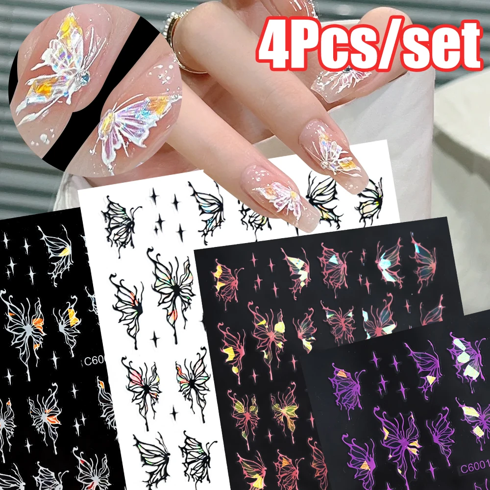 

4Pcs/set 3D Holographic Laser Butterfly Nail Stickers Aurora Pink Butterfly Self-adhesived Decals Y2K Manicure Butterfly Slider