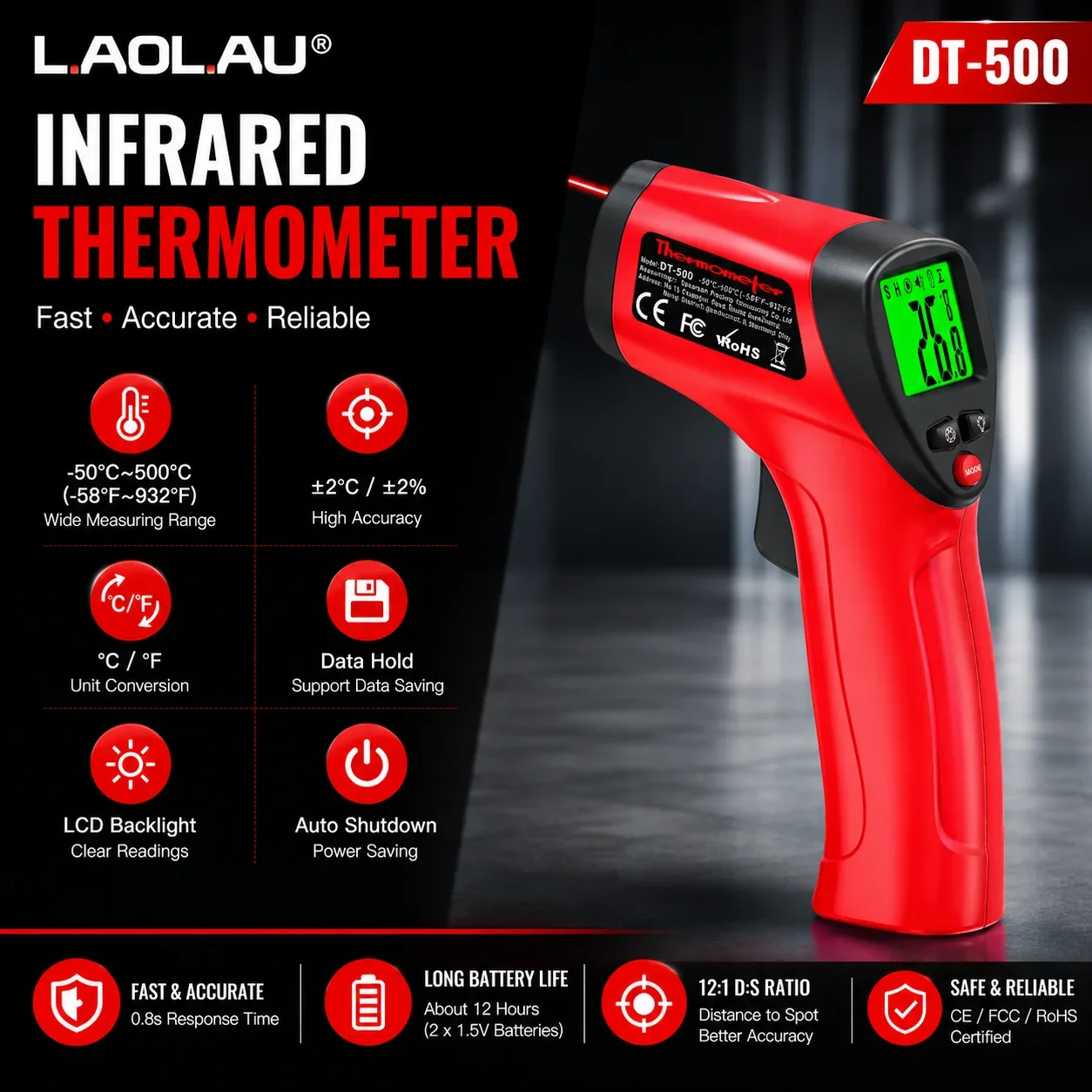 DT500 Infrarot-Thermometer -50~550°C ° C Berührungsloser Laser mit 12:1 D:S, einstellbarer Emissivität & LCD-Hintergrundbeleuchtung und Laserzielvorrichtung