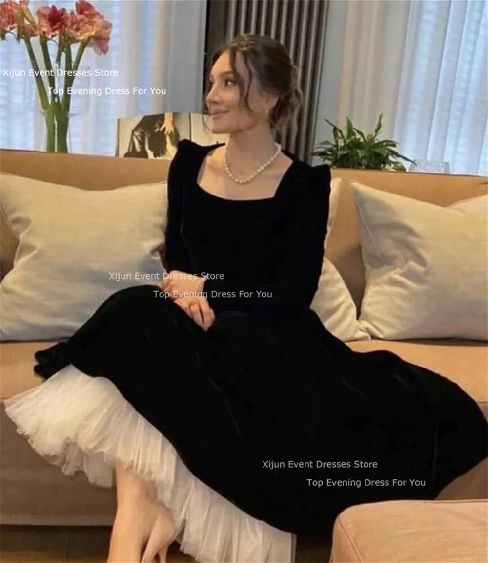 Xijun Classic Black Velvet A Line Formal Evening Dresses Arabic Women Prom Dress Long Sleeves Square Neck Occasion Party Dresses