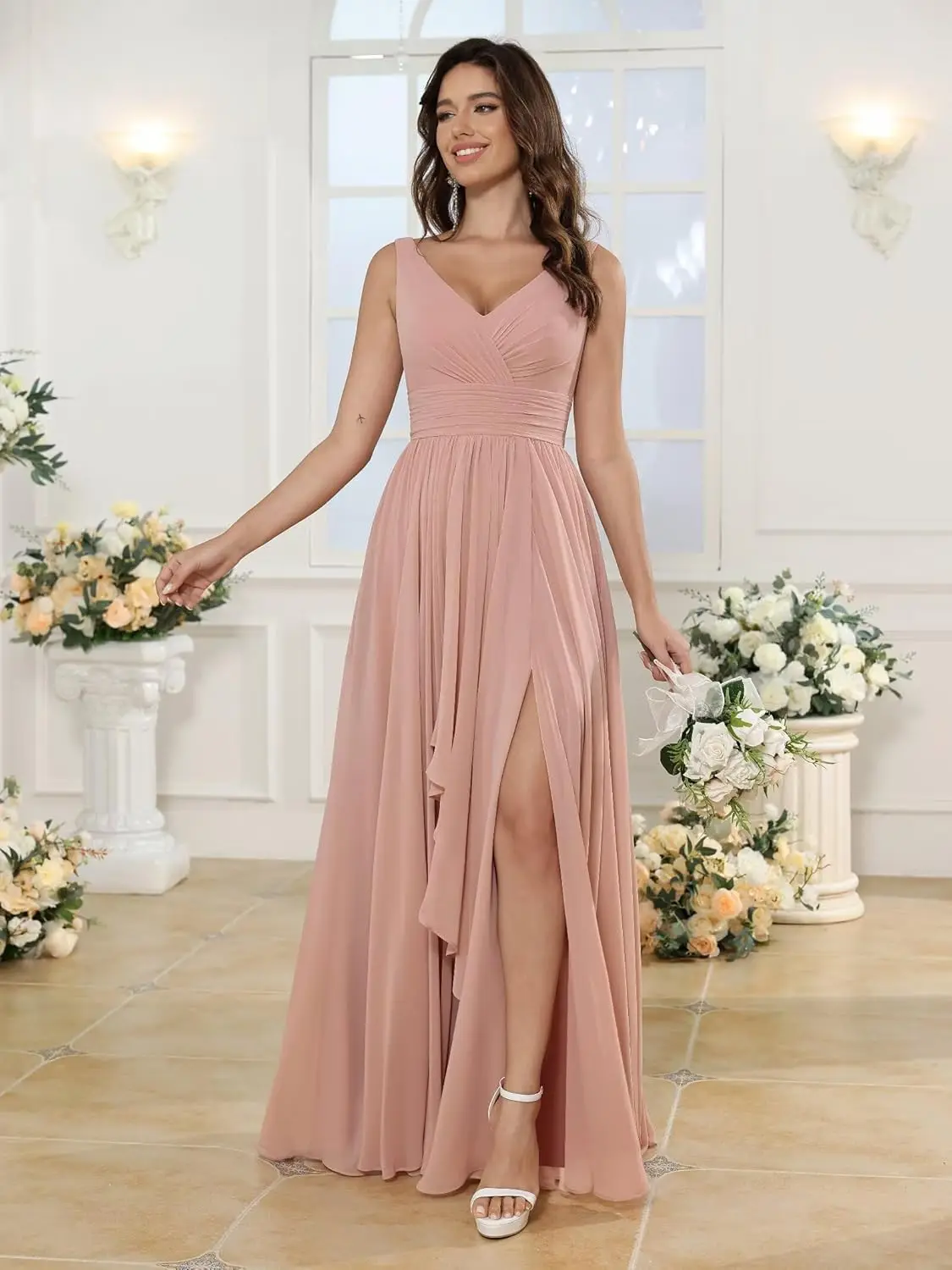 Damen-Brautjungfernkleider aus Chiffon mit Rüschen, V-Ausschnitt, lang, mit Taschen, A-Linie, formelle Kleider mit Schlitz, Abendkleider