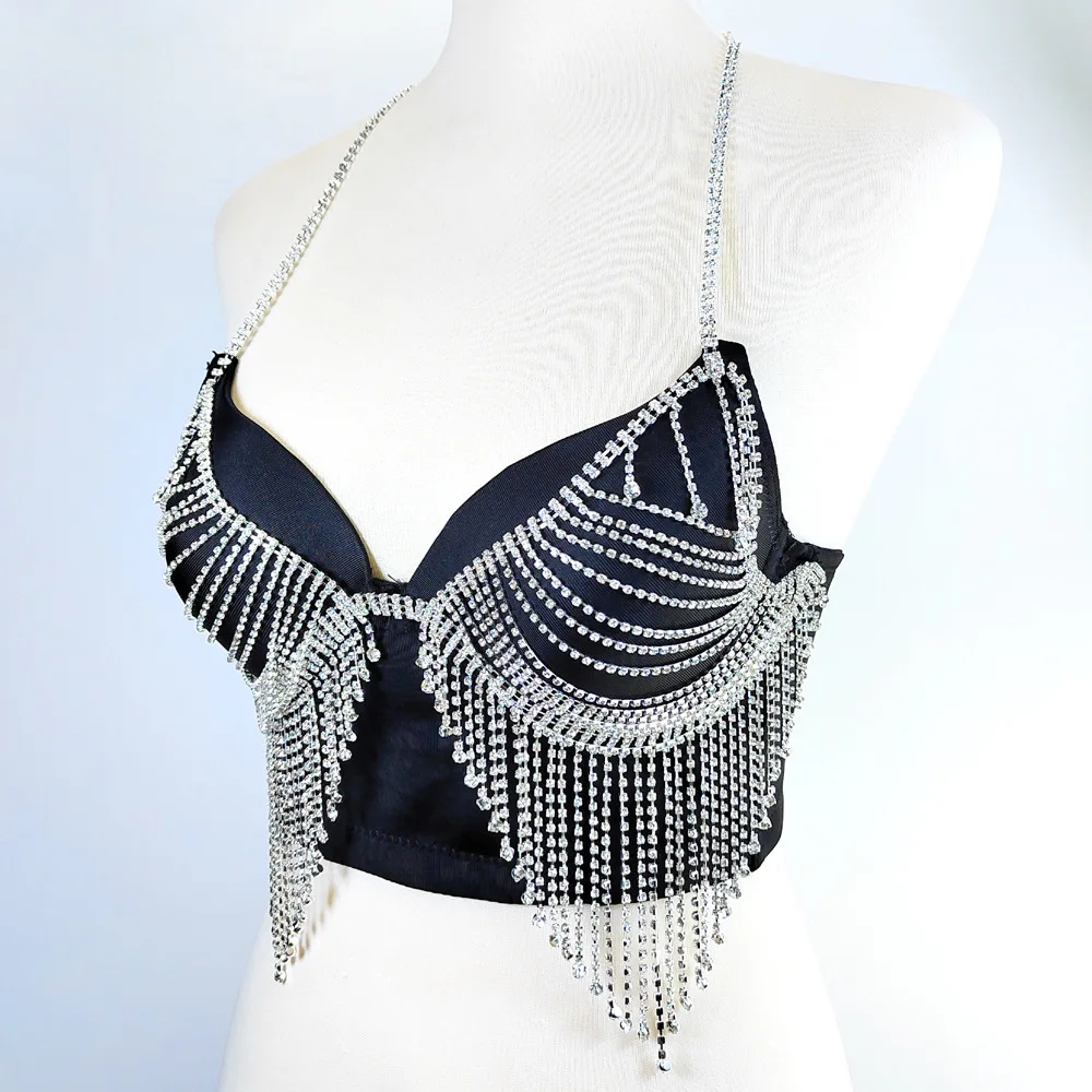 

Luxury Diamond Tassel Bra for women push up bustier bra sexy backless cropped top female Tank tops camisole stage clothing Y4333