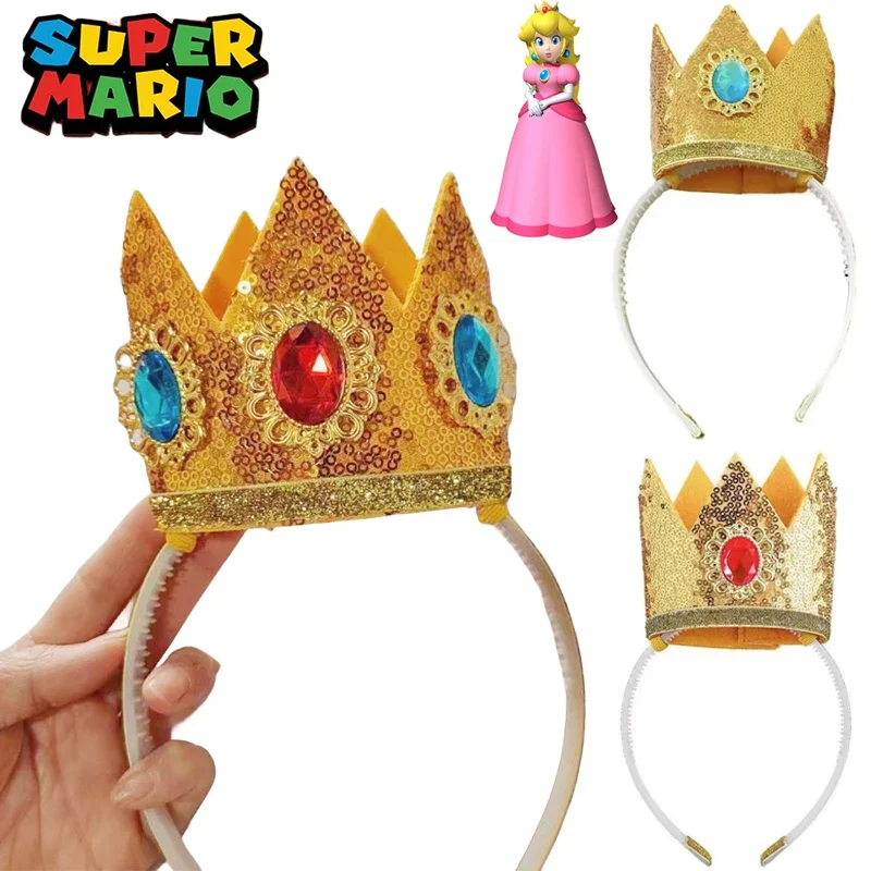 Super Mario Princess Peach Hair Bands for Girl New Glitter Crown Hairband Princess Party Cosplay Headband Crown Hair Accessories