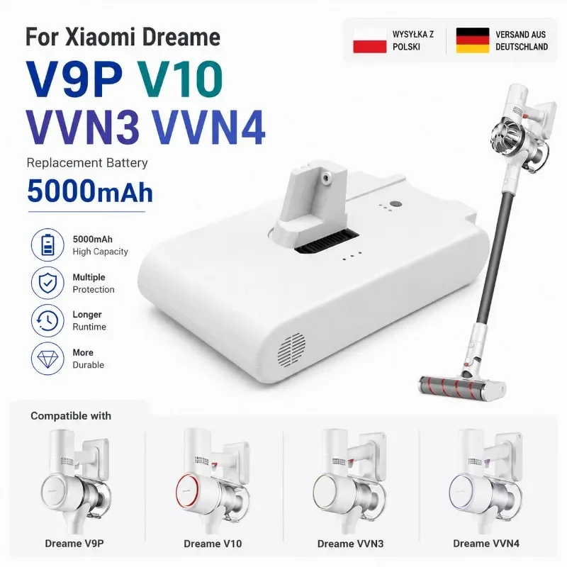 Batteria per aspirapolvere Xiaomi Mijia V8 V9 V9P V10 VVN3 VVN4 Dreame, 25,2 V, 5000 mAh, batteria ricaricabile agli ioni di litio 18650, pacco batteria di ricambio per aspirapolvere senza fili,