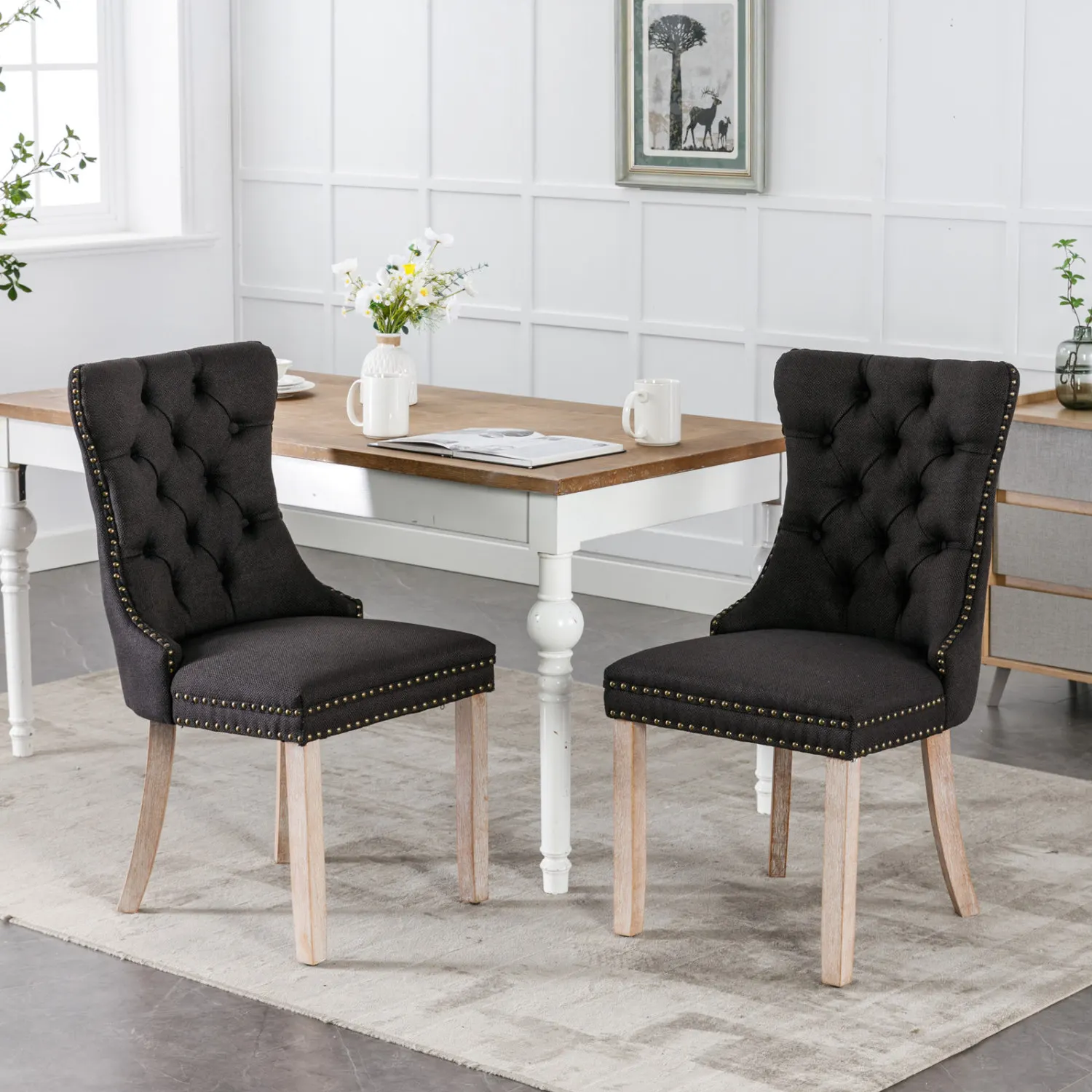 

Nikki Collection Modern, High-end Tufted Solid Wood Contemporary Flax Upholstered Linen Dining Chair with Wood Legs Nailhead Tri