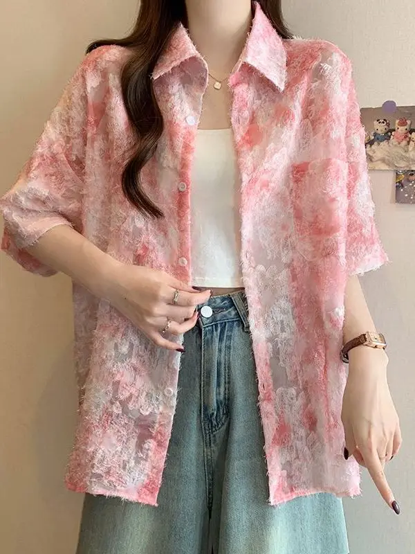 

Pink Neck Shirt T-Shirt Women Short Sleeve Summer New Thin Casual Loose Cardigan Outerwear Breathable Comfortable Korean...