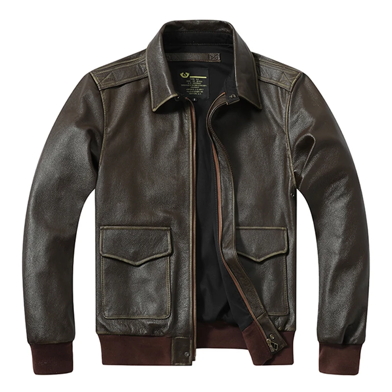Vintage oliwkowa męska skórzana kurtka A2 kurtka bomber górna warstwa skóra cielęca kurtka w stylu wojskowym luźne klapy jesienna skórzana kurtka