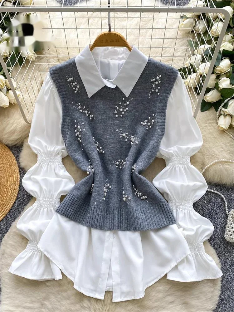 

Женский комплект из 2 предметов с жемчугом и бисером, блузка с пышными рукавами и лацканами + без рукавов с бриллиантами, осенний вязаный свитер, майка