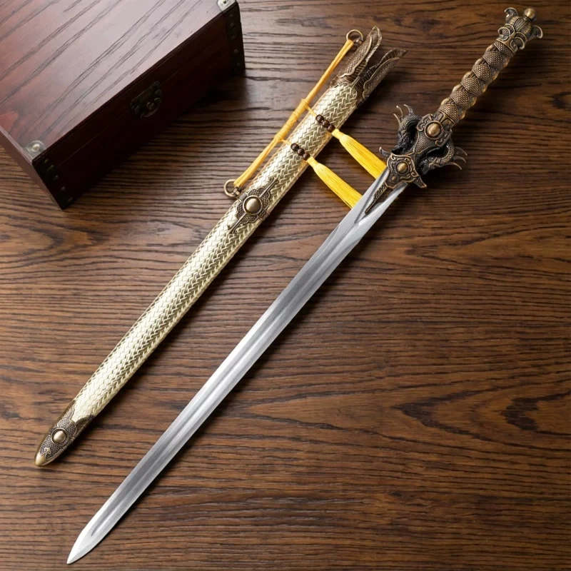 Dragon Emperor Straight Jian Sword Manganese Steel Fullered Blade Antique Bronze 3D Dragon Head Alloy Fittings Free Sword Stand