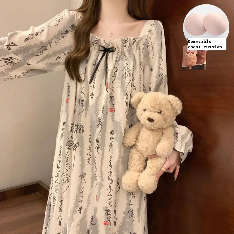 

Female Women's Fashion Sleeping Skirt Spring Autumn Long Sleeve Nightgown Pajamas Casual Nightdress Loose Home Clothe Dress New