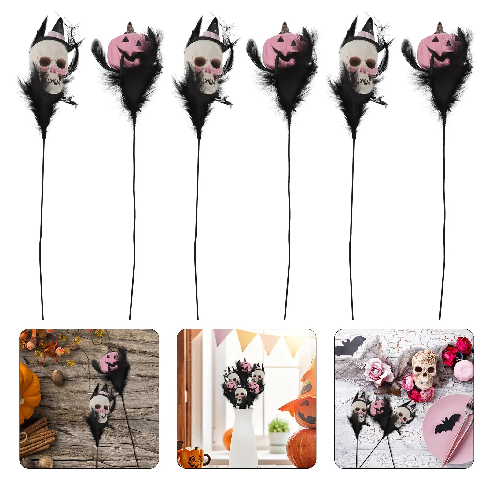 

Набор из 6 штук: букеты на Хэллоуин с черными перьями, цветочными вставками, тыквами и черепами – страшные украшения для стола, наполнители для ваз