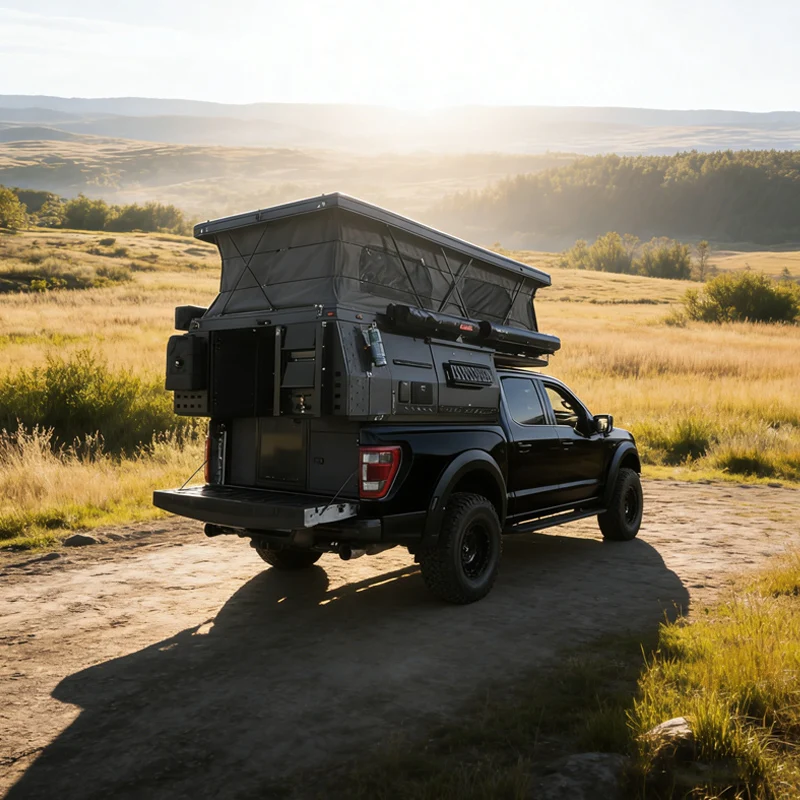 KQX Luxury Comfortable Pop up Caravan Full Size Slide in Truck Camper for Truck F150 Off Road with Roof Bathroom