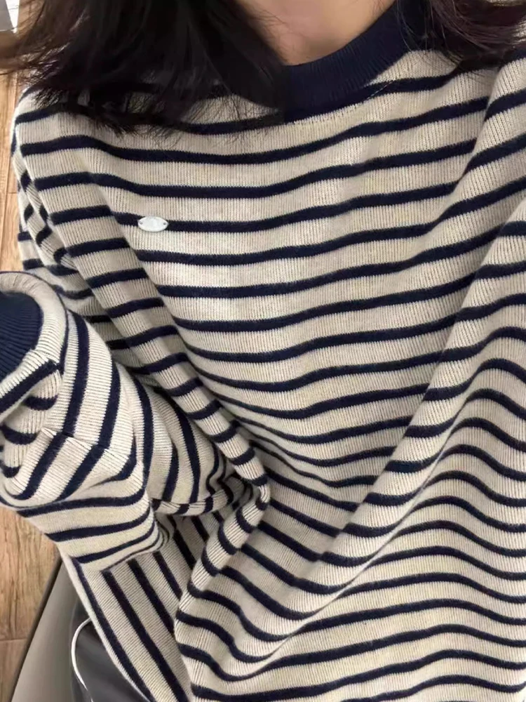

Корейский полосатый свитшот с круглым вырезом для женщин, осенне-зимний, новый, популярный, с длинным рукавом, оверсайз, для ношения под одеждой, топ, милый стиль