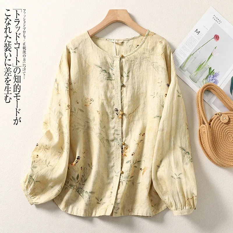 New Cotton and linen printed long-sleeved plate button blouse female spring new Korean loose large size temperament design sens