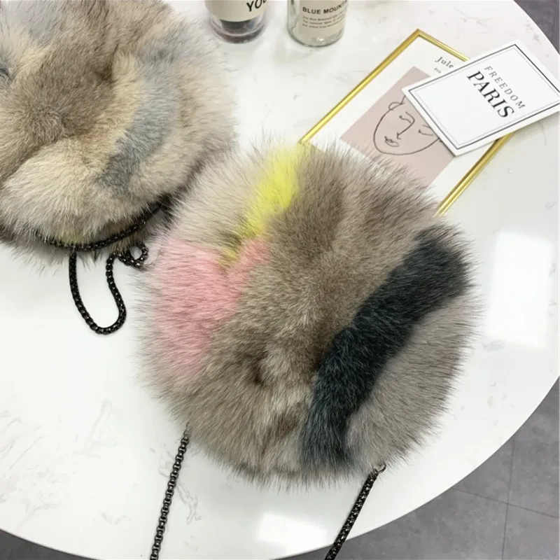 Real Fox Fur Small Round Bag Women Single Shoulder Bag Natural Colorful Fur Bag Handbag For Women Real Leather Evening Party Bag