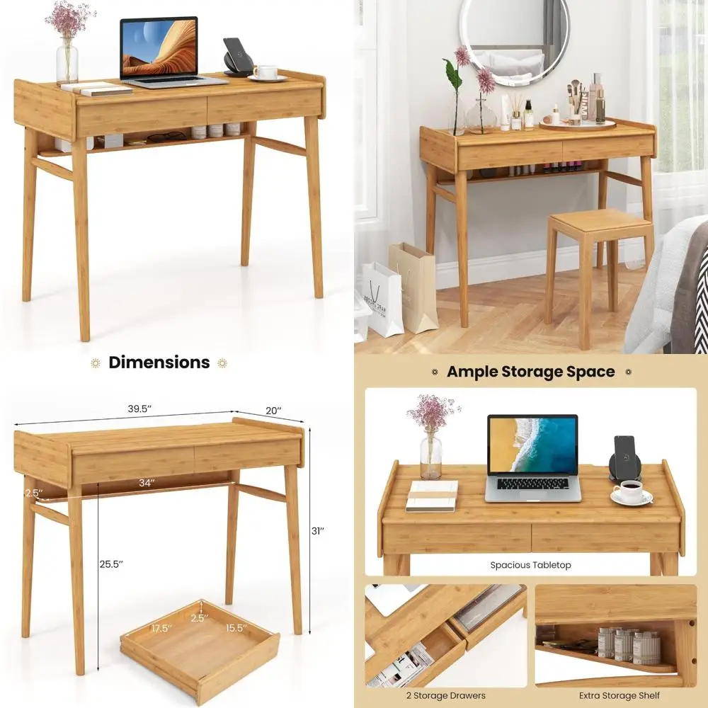 

Computer Desk, 39.5" Bamboo Home Office Desk with 2 Storage Drawers and Open Shelf, Makeup Table Vanity Desk, Modern Writing De