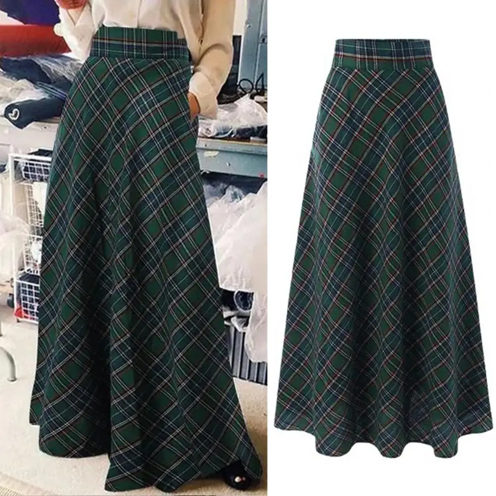 Floor Length Hem Skirt Plaid Print High Waist Maxi Skirt for Women Oversized A-line Check Skirt with Hem Spring Floor Length