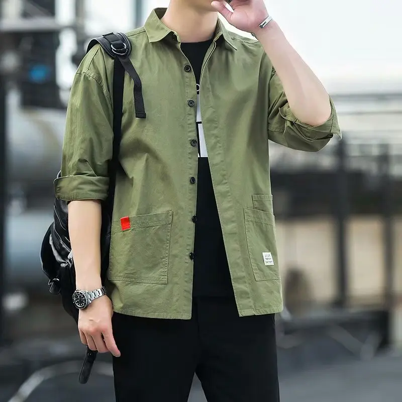 Loose Fit Long Sleeve Tactical Collar Outdoor Work Shirt for Men Spring Autumn New Style American Casual Fashion Youth Popular