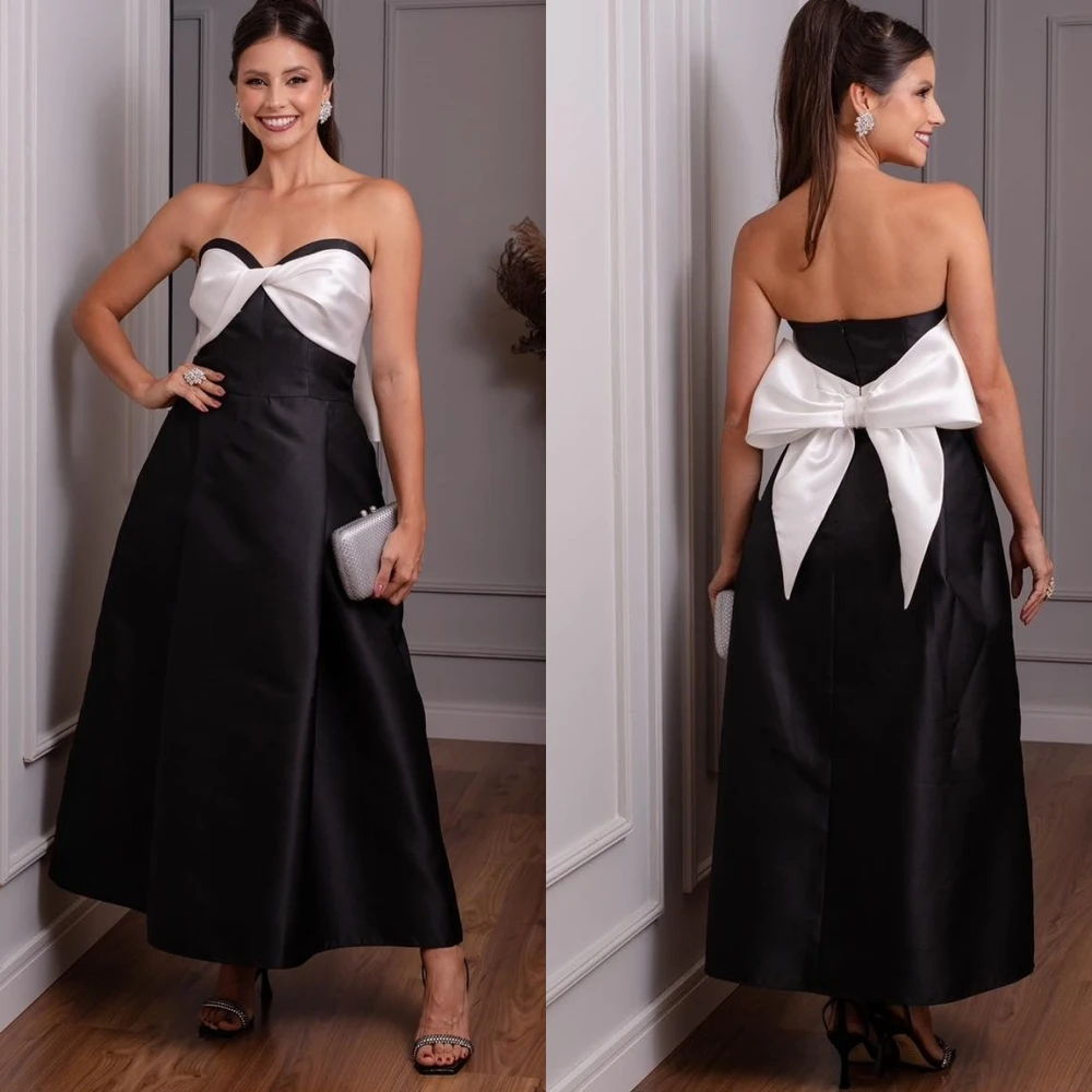 Customized S Draped Bow Cocktail Party A-line Strapless Bespoke Occasion Gown Midi Dresses