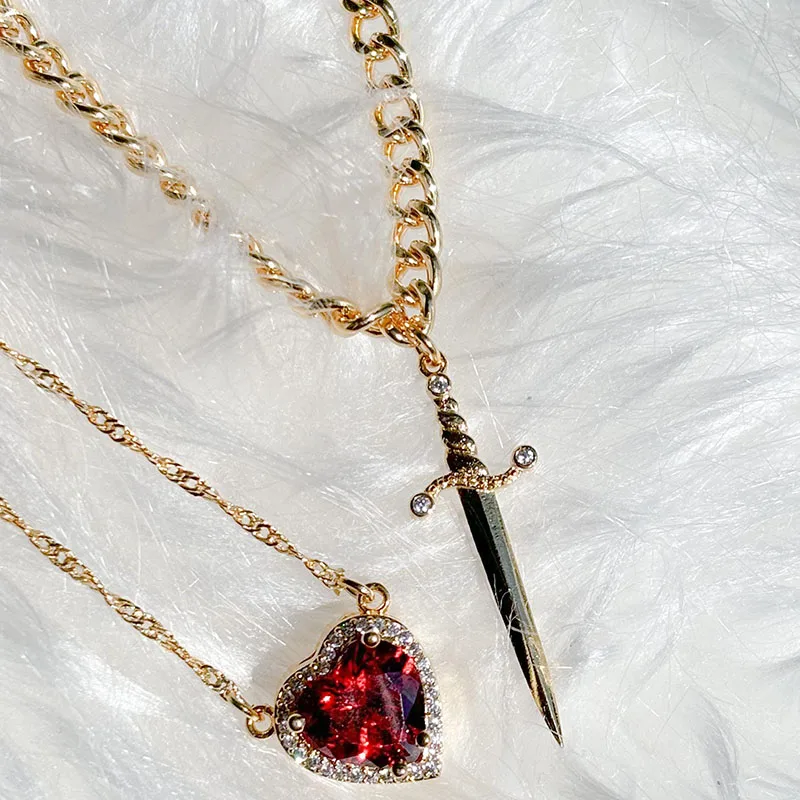 New Heart and Sword Necklace Set Gold Color Stainless Steel Crystal Couple Necklaces for Women Men Boyfriend Girlfriend Gifts