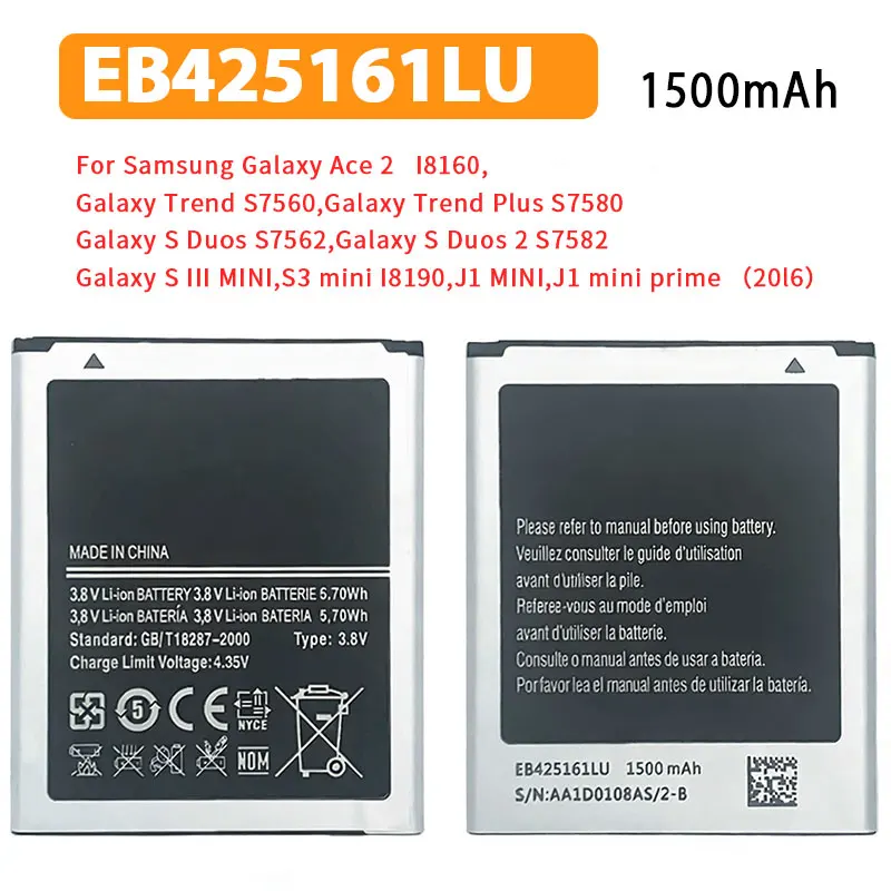 EB425161LU Battery for Samsung Galaxy S3 MINI I8190 J1 Mini Ace 2 I8160 GT-S7562 S7582 Trend S7560 S7580 SM-J105H 1500mAh Batter