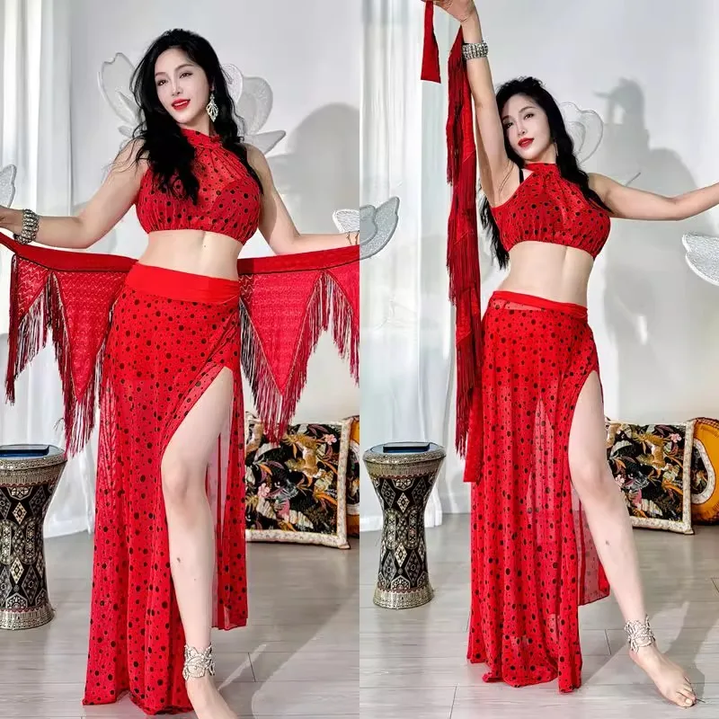 Customized Belly Dance Costumes Set with New Mesh Strapless and Slit Skirt Waist Less Red Polka Dots Not Including Hip Towel