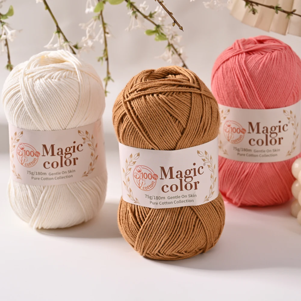 3 Packs of Pure Cotton Yarn, 75g Per Roll, Total 225g, 4-Strand Pure Cotton Yarn, Lightweight and Easy to Knit, Simple Color Scheme, Multiple Colors Available, Fashionable and Versatile, for Knitting Sweaters, Scarves, Hats, Coats, Etc
