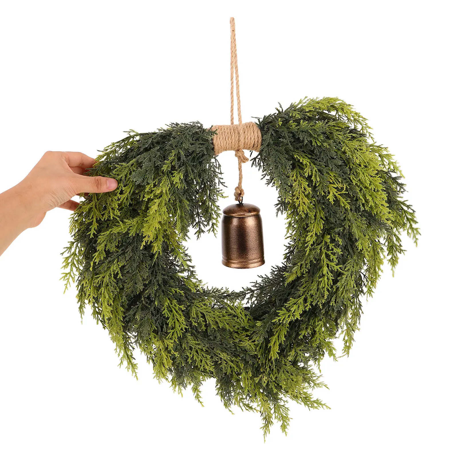 Romantic Heart Shaped Christmas Wreath Faux Cedar Pine with Bell Holiday Door Garland Porch Decor Fireplace Indoor Outdoor Wall