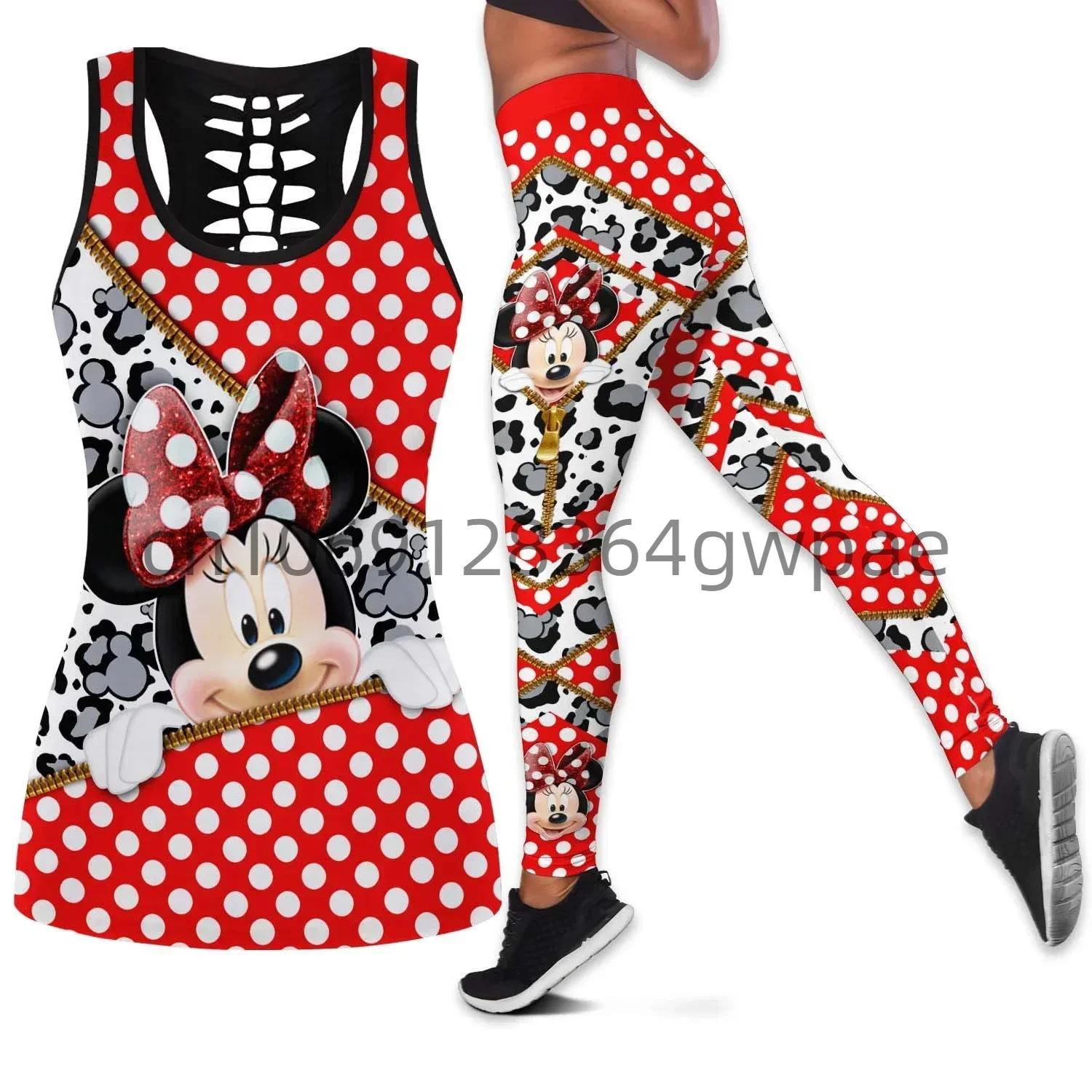 Disney Minnie Women's Cutout Tank Top Leggings Y2k Yoga Set Summer Fitness Leggings Tracksuit Hollow Tank Top Leggings Set