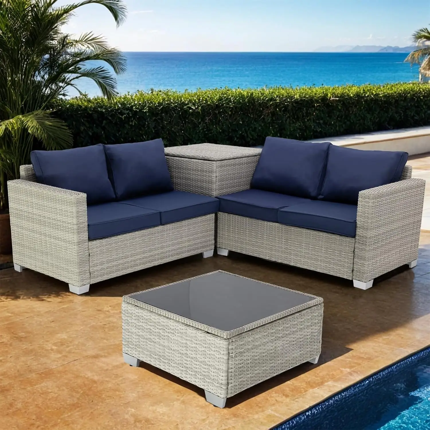 Outdoor Patio Furniture Set 4 PCS with Large Storage Table, Coffee Table & 4 Seat Armchairs Rattan Sectional Wicker Porch Set