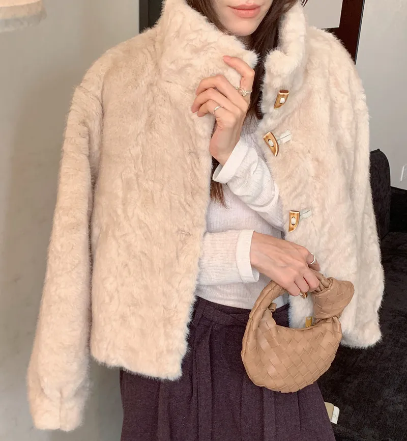 Elegant Short PU Fur Jacket Coat Winter for Women Stand Collar Horn Button Furry Thicken Overcoat Outerwears Female 2025