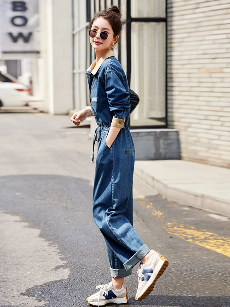 

Комплект джинсового комбинезона Ele Agel для женщин, весна-осень 2024, новая модная модель, с высокой талией, из хлопка, рабочий костюм-брюки