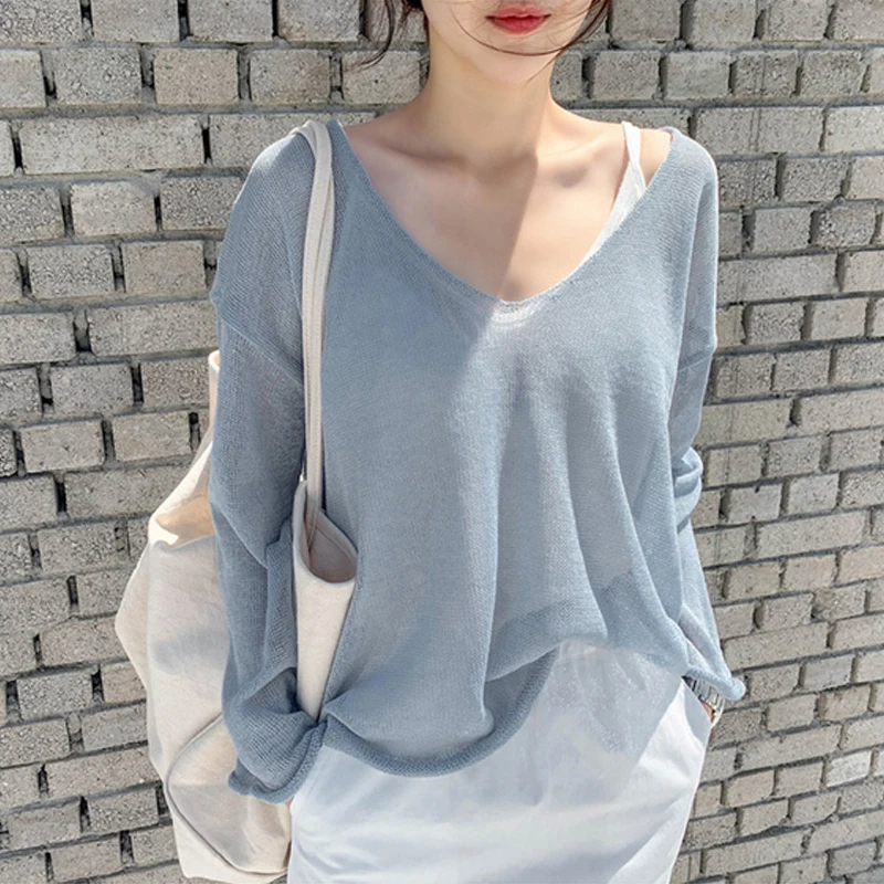 Autumn Blusas 2024 Spring Summer Thin Sexy Women Tops Blouse V-neck Pullover Tops Solid Korean Loose Sunscreen New Lady Clothes